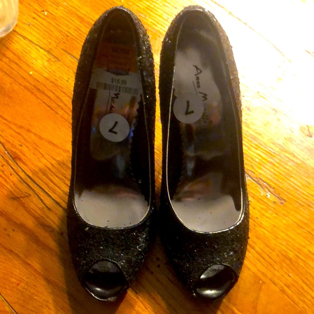 Anne Michelle Black Glitter Open Toe Heels